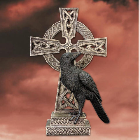 Celtic Cross with Raven Statue