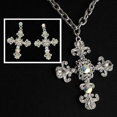 Fleur de Lis Crystal Cross Necklace and Earrings - costumesandcollectibles